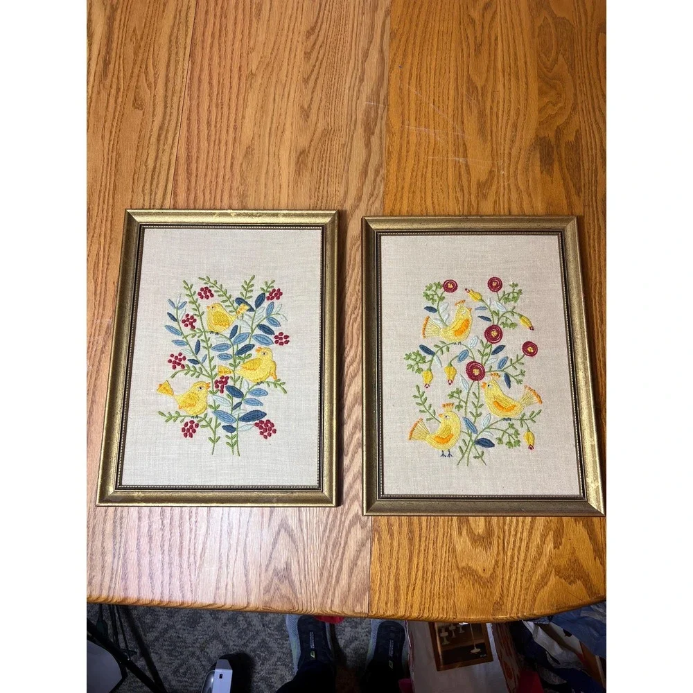 Vintage Hand Embroidered Bird Wall Art Pair Framed Folk Art Cottagecore Grandma